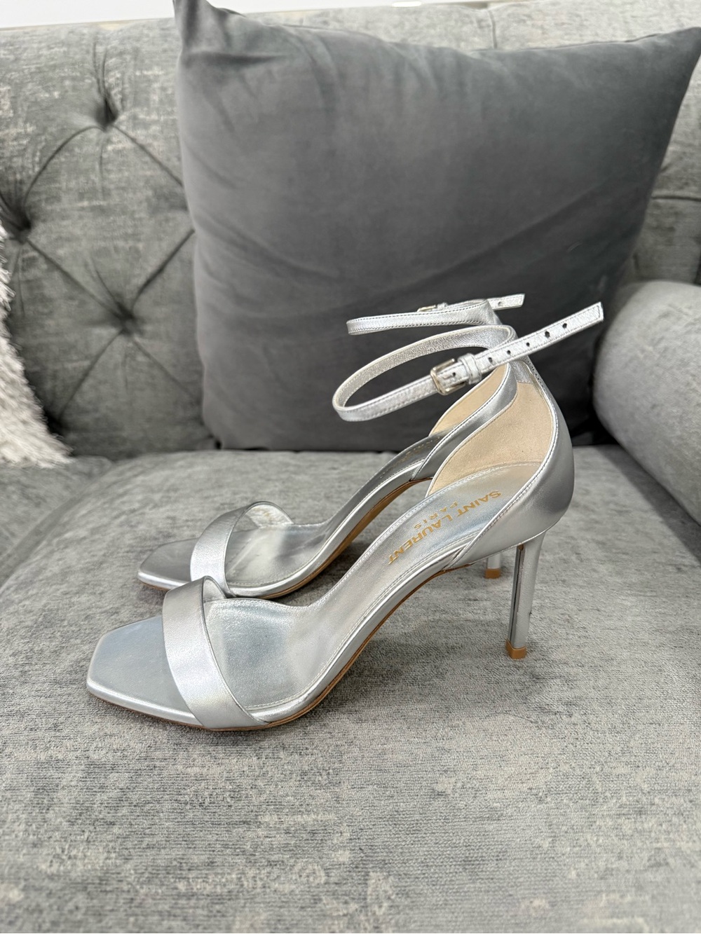 Yves Saint Laurent Silver Metallic Sandal Heels Size 6.5
